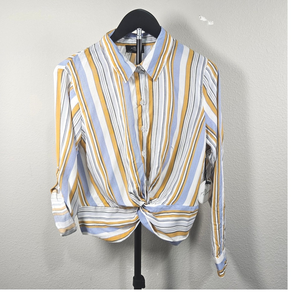 Milk & Honey Striped Button Down Top Women Medium Blue Yellow Smocked Boho
